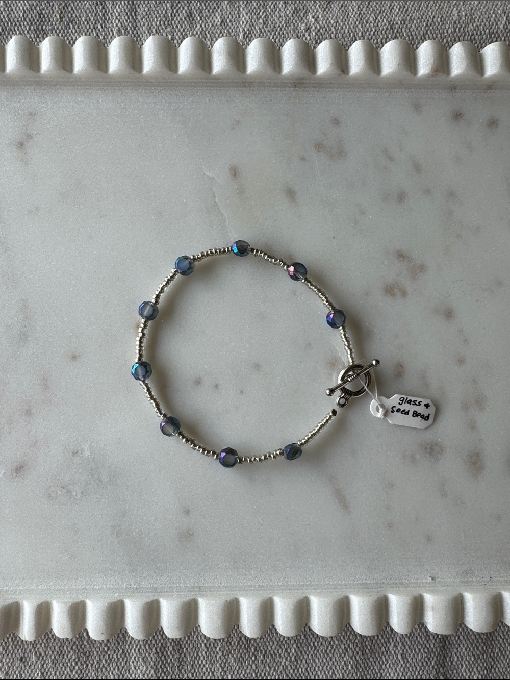 Silver Glass Seed Bead and Iridescent Blue Glass Bead Bracelet with Toggle Clasp